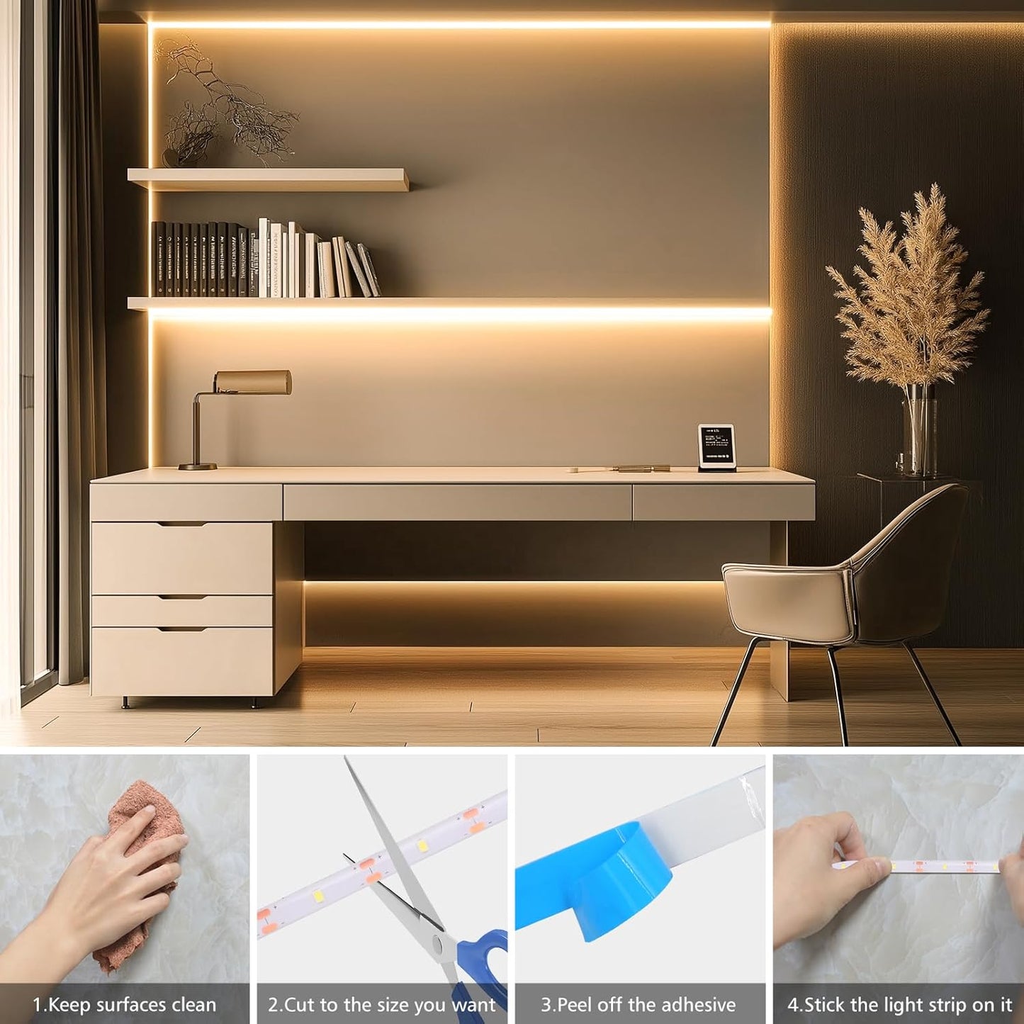 echosari 3.3ft Battery Strip Light – Uncluttered Ambience for Neutral Home Aesthetic, 6000K Cool White, Timer Included