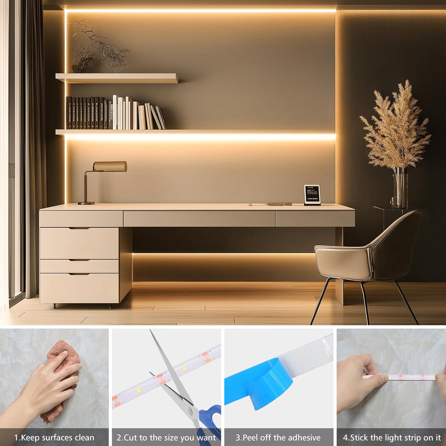 echosari 3.3ft Battery Strip Light – Uncluttered Ambience for Neutral Home Aesthetic, 6000K Cool White, Timer Included
