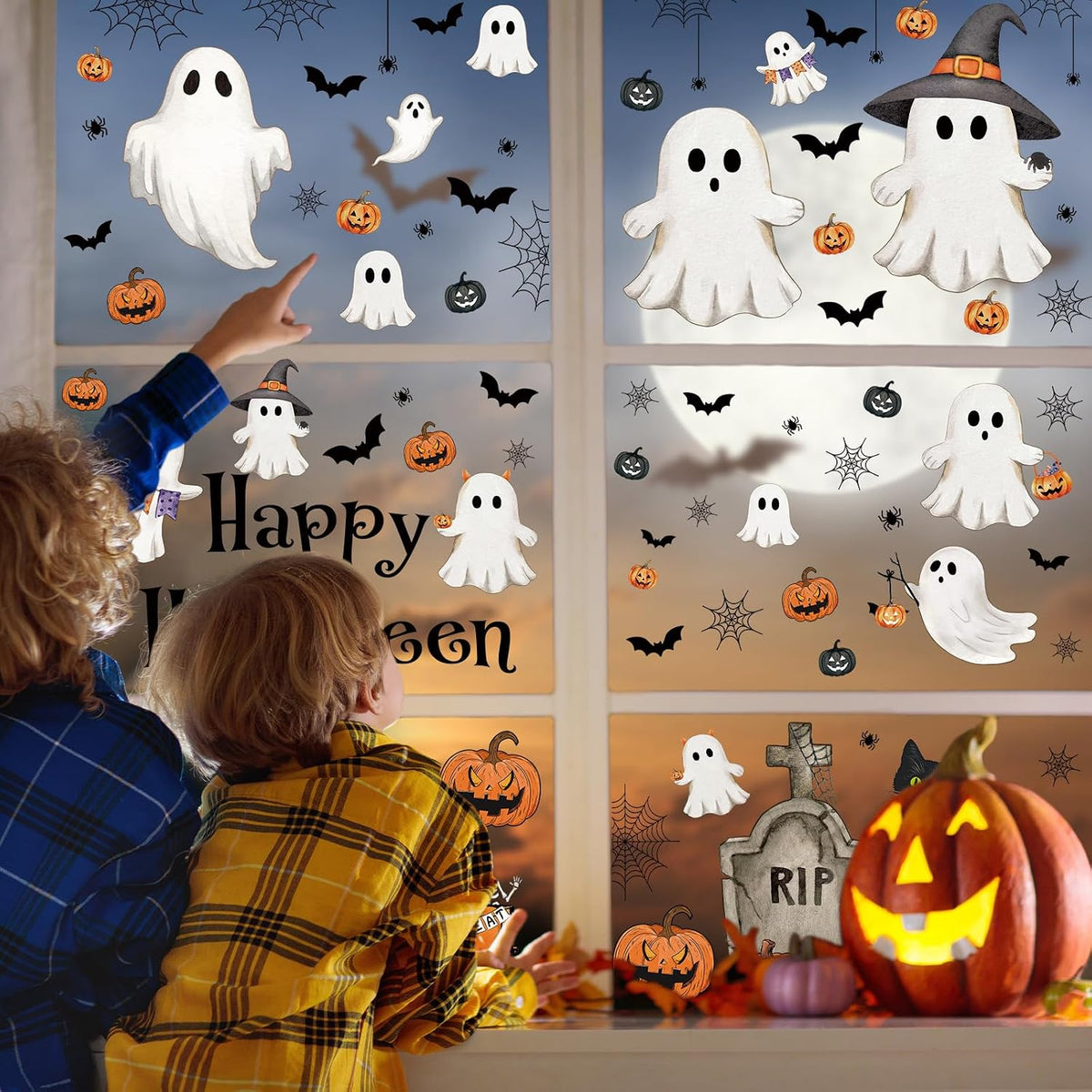 Family Safe Halloween Window Decals Retro Pumpkin Ghost – Playroom and Refrigerator Kid-Friendly Decor Set