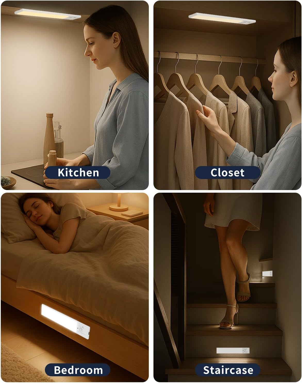 FBY Under Cabinet Lights, Adjustable Warm White LED for Cozy Living Room and Kitchen Atmosphere, Motion Sensor 3-Pack