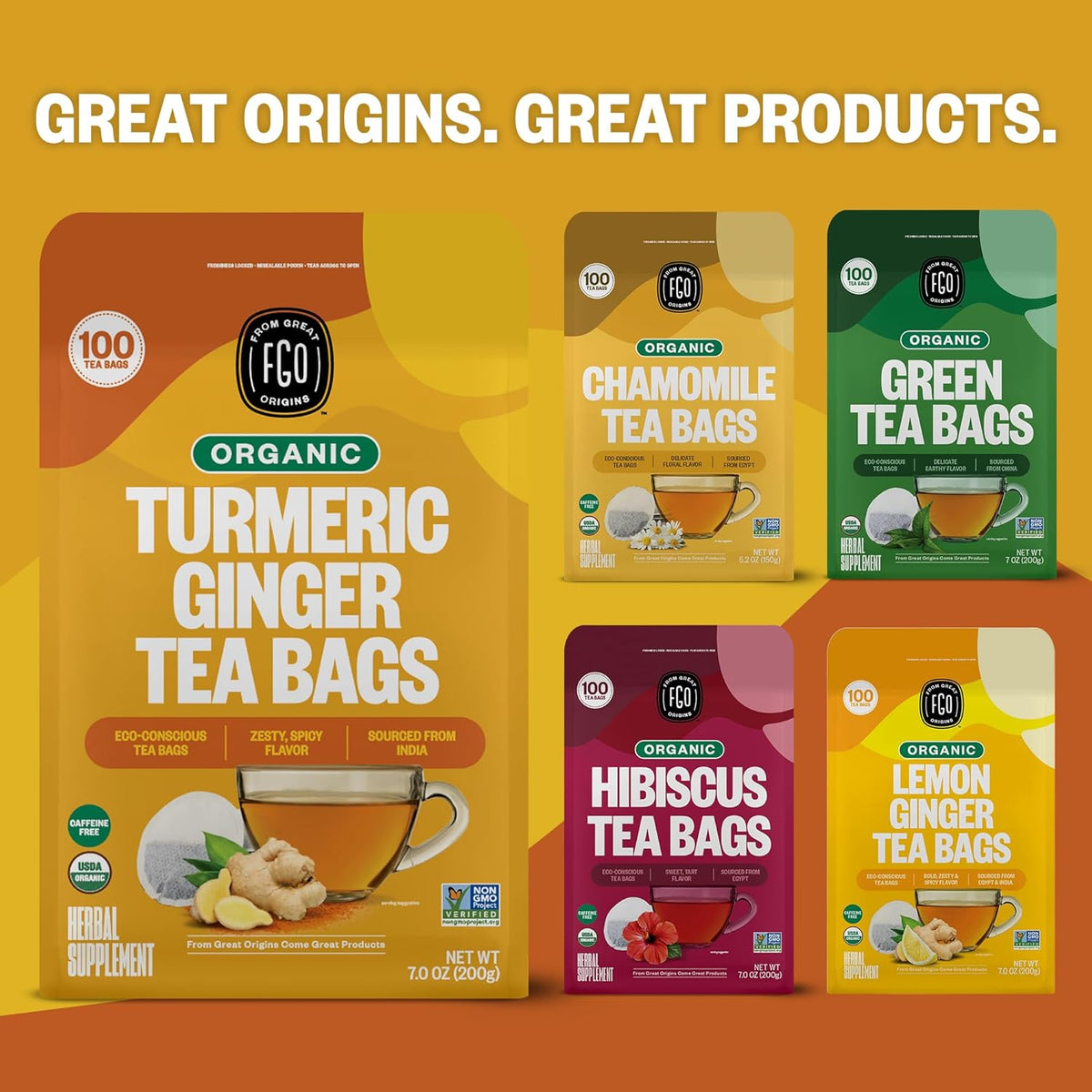 FGO Organic Turmeric Ginger Tea – Caffeine-Free Wind-Down Herbal Blend for Evening Self-Care