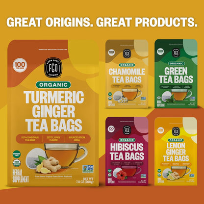 FGO Organic Turmeric Ginger Tea – Caffeine-Free Wind-Down Herbal Blend for Evening Self-Care