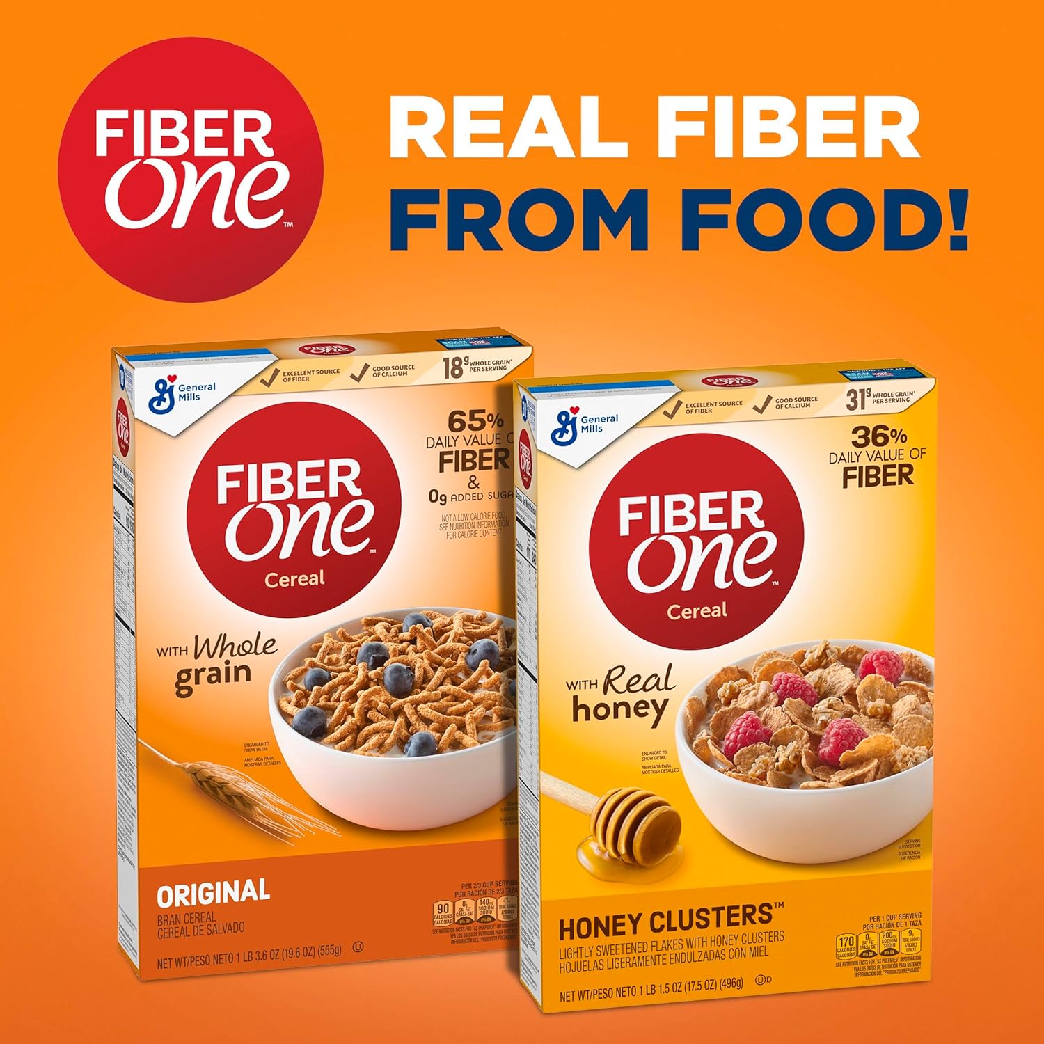 Fiber One Honey Clusters Cereal – Fast Breakfast Cereal, No-Prep Fiber Bowl for Commute and Workday Mornings