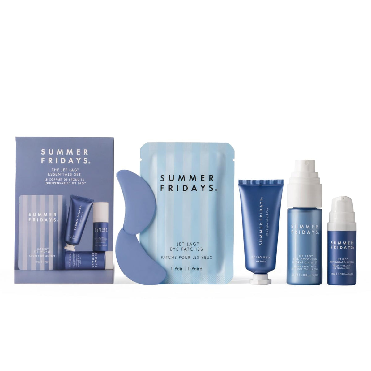 four-piece set including jet lag mask, eye patches, deep hydration serum, and hydration mist