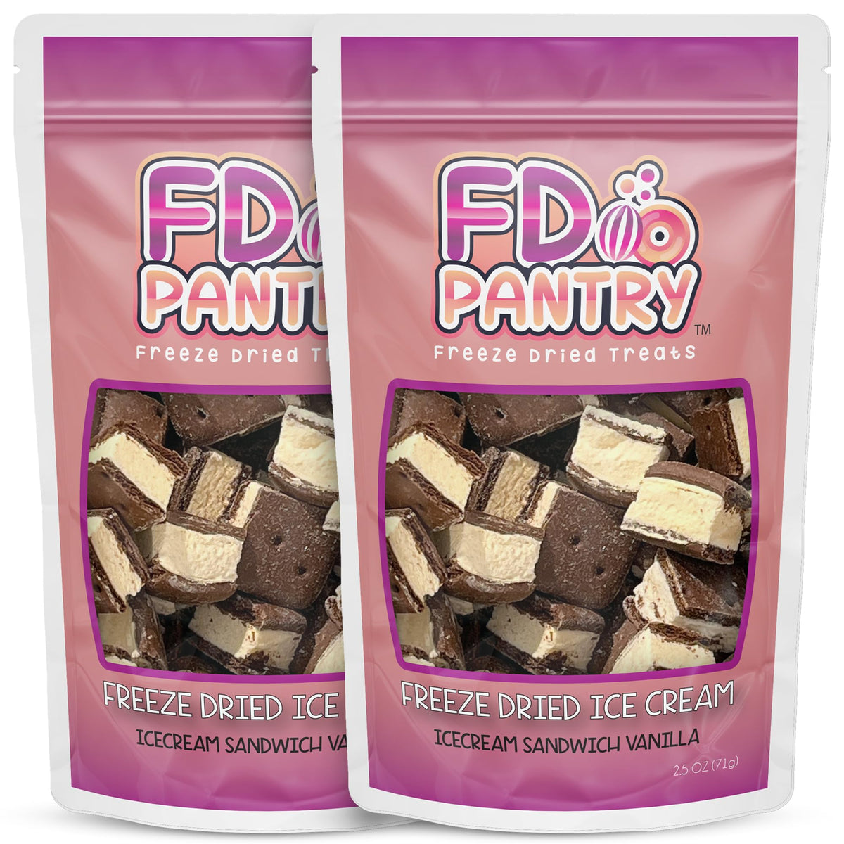 Freeze Dried Ice Cream Sandwich Bites, 2 Pack, Vanilla, Crunchy &amp;amp; Sweet Snack, 2.5 oz, Dehydrated, Resealable Gift Bag