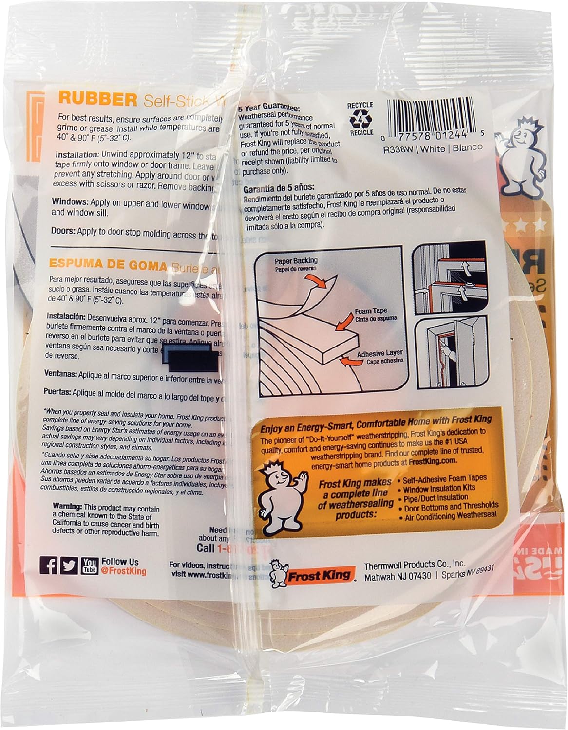 Frost King R338H Tool-Free Foam Weatherstripping Roll, Eliminates Need for Caulk and Chemicals Around Kids and Pets