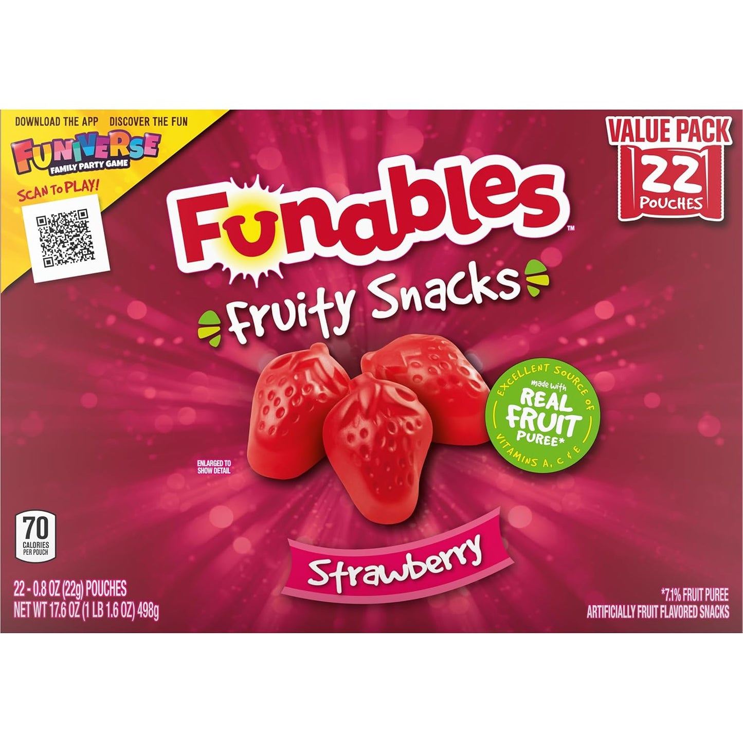Funables Fat-Free Gluten-Free Gummy Snacks with Vitamin A, C & E, Strawberry 22 Count