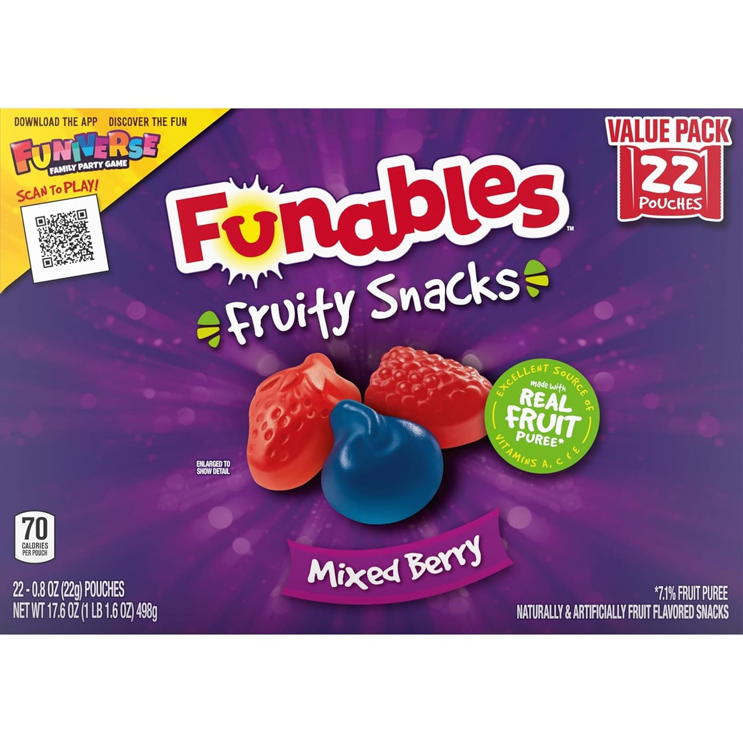 Funables Mixed Berry Fruity Snacks, Stocking Stuffer and Holiday Care Package for Kids, 22-Count Box