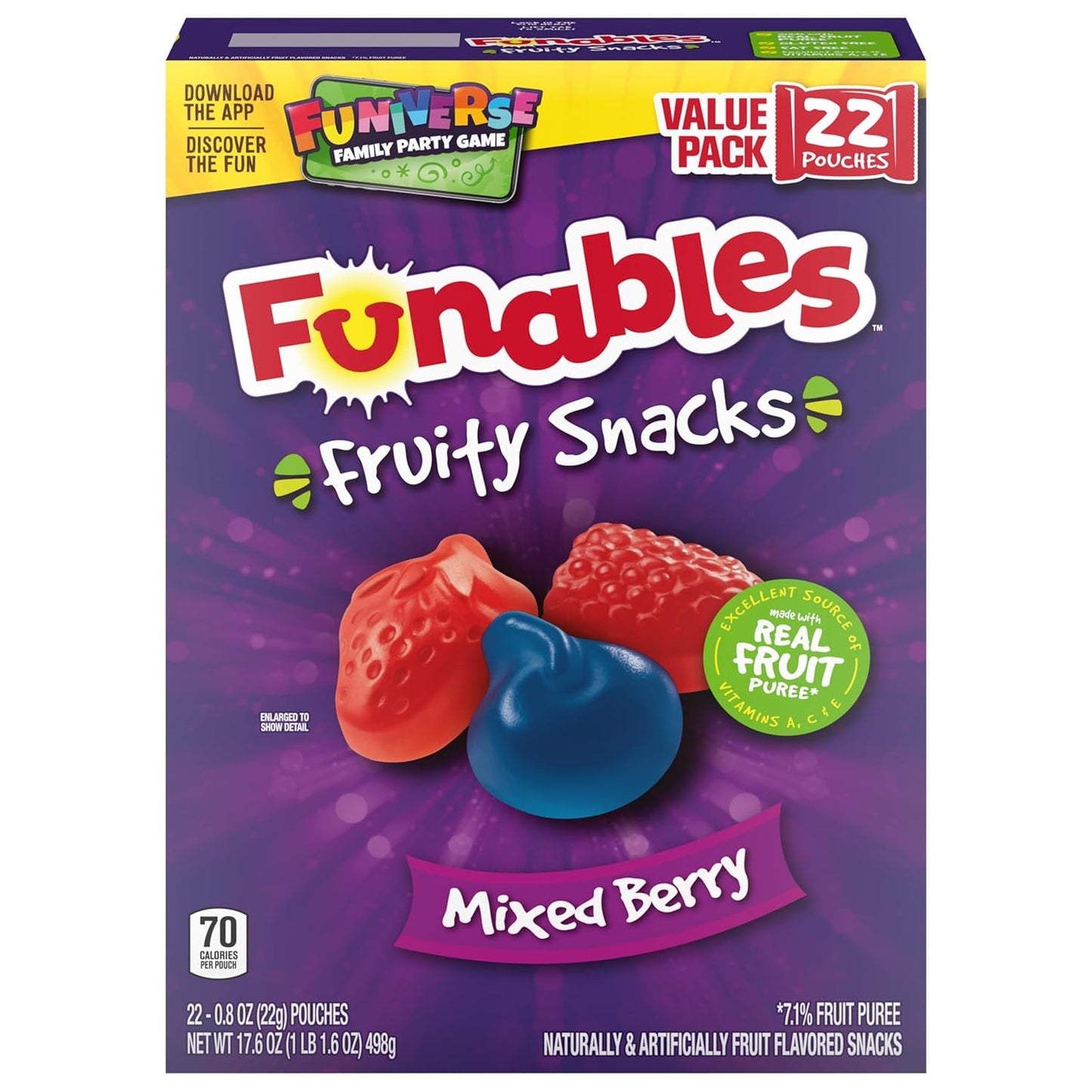 Funables Mixed Berry Fruity Snacks, Stocking Stuffer and Holiday Care Package for Kids, 22-Count Box