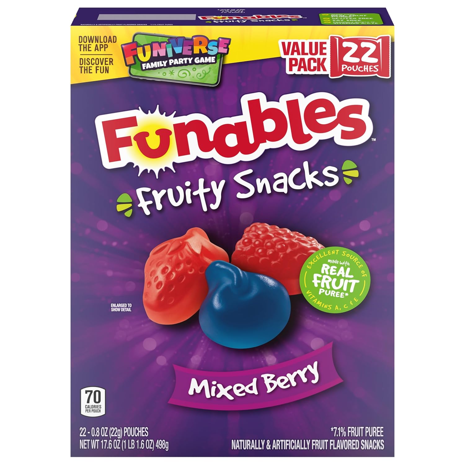 Funables Mixed Berry Fruity Snacks, Stocking Stuffer and Holiday Care Package for Kids, 22-Count Box