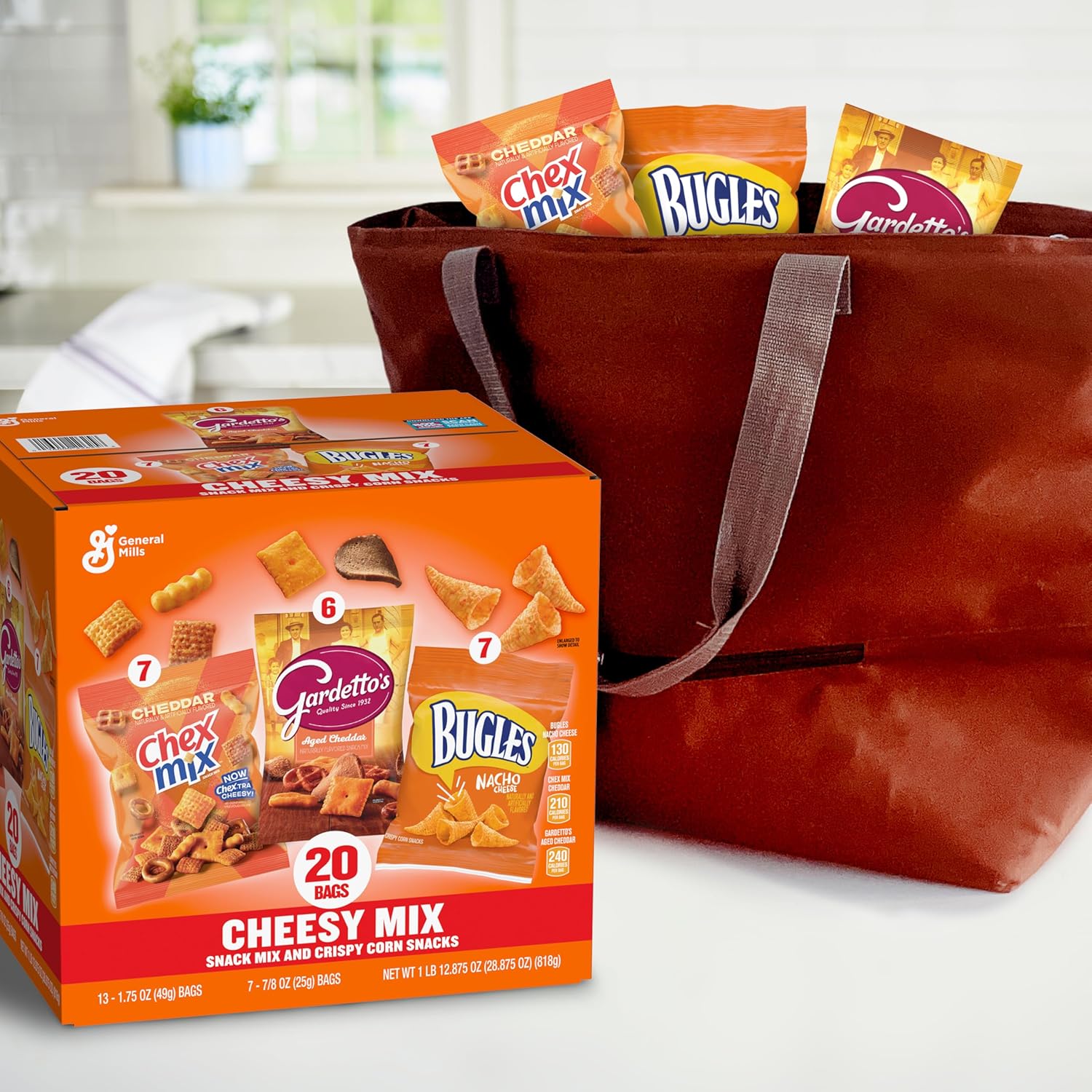 General Mills Cheesy Snack Variety Pack – Camping & Tailgate Portable Snack Box, 20 Bags of Chex Mix, Bugles & Gardetto's