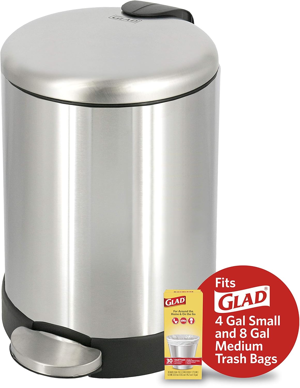 Glad Compact Step Pedal Garbage Can – Brushed Stainless Waste Basket for Intentional Small Spaces