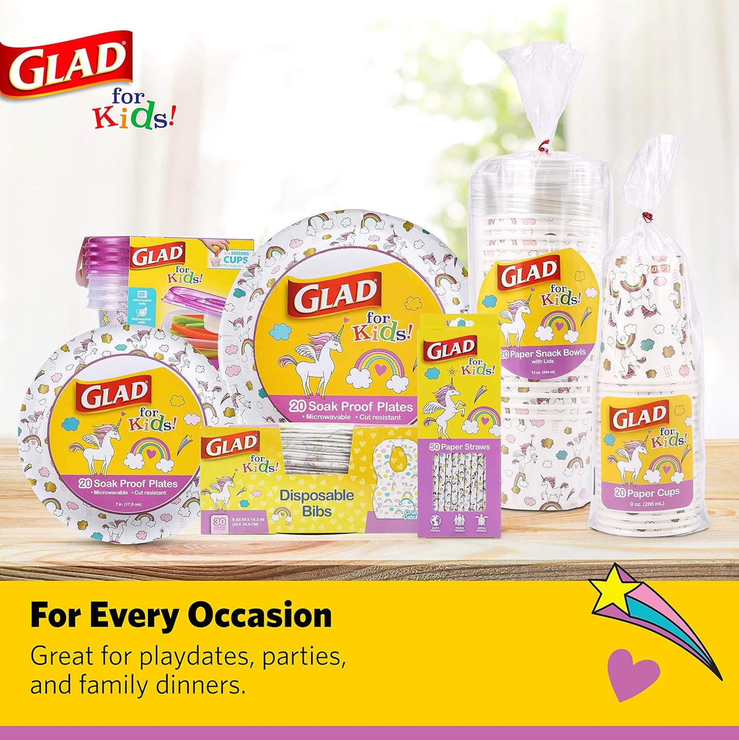 Glad for Kids Unicorn Disposable Paper Bibs, BPA-Free and Phthalate-Free Bibs for Worry-Free Toddler Feeding Every Meal, 30 Count
