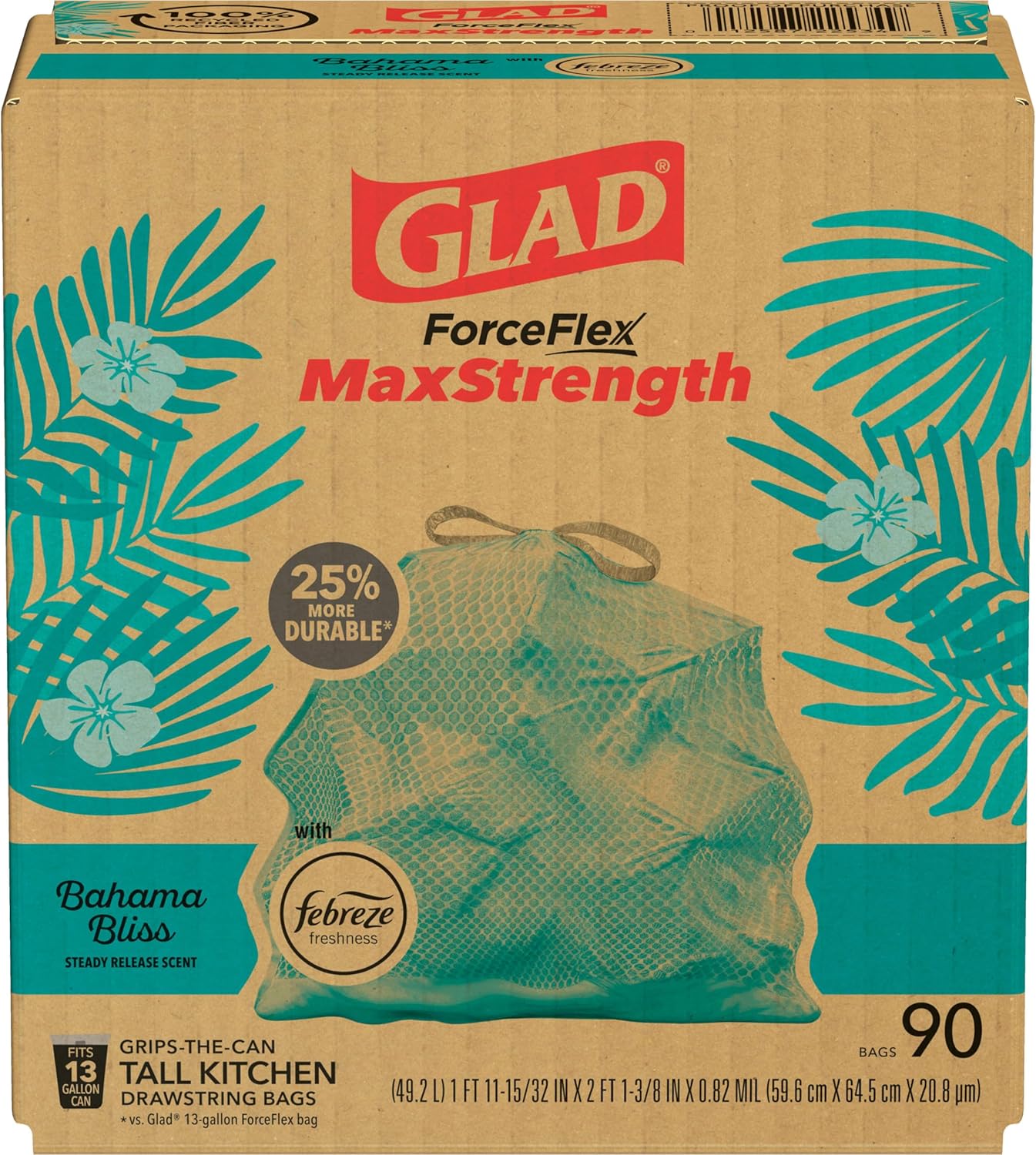 Glad ForceFlex MaxStrength 13 Gal Trash Bags — Practical Housewarming Gift Pack for New Homeowners, Bahama Bliss Febreze, 90 Count
