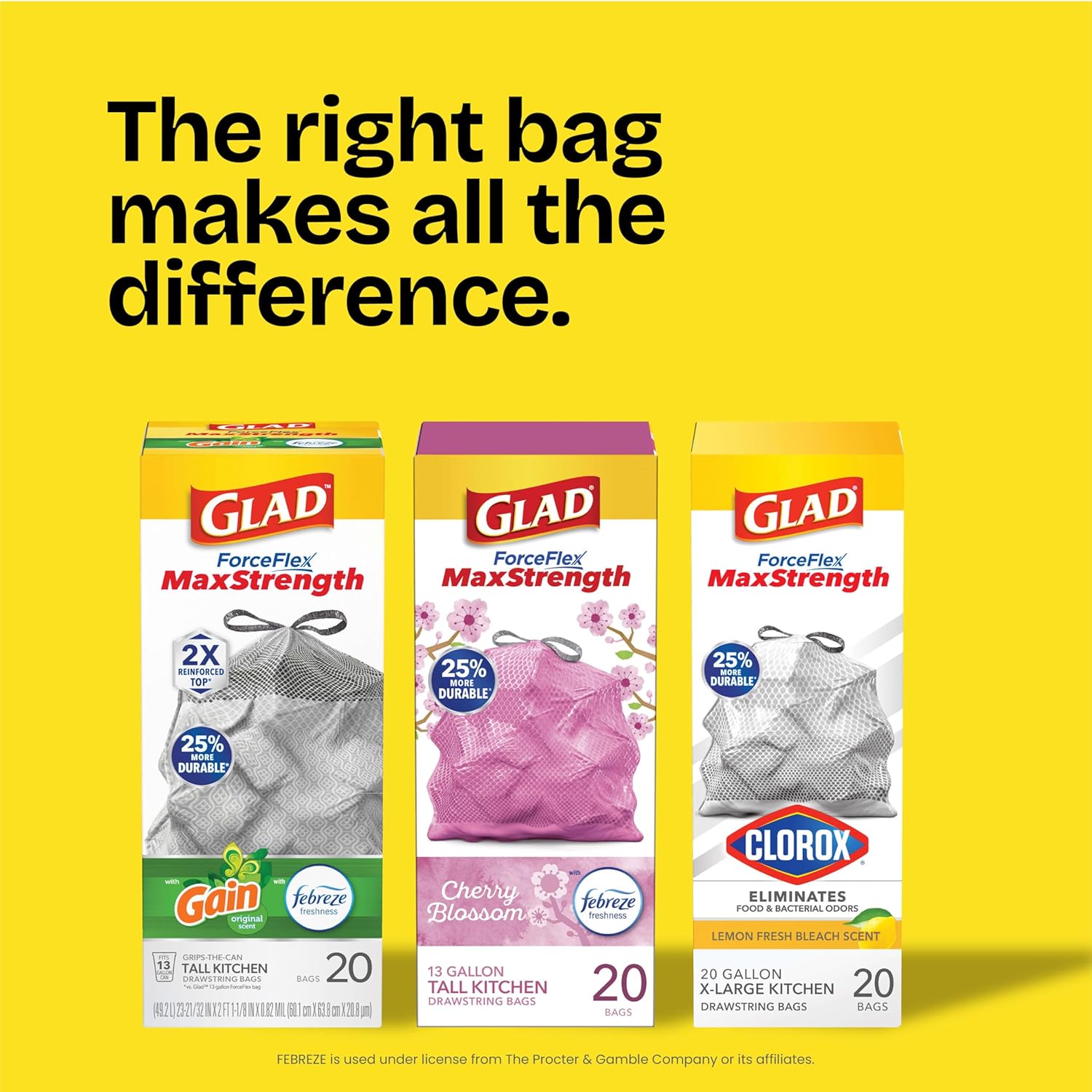 Glad ForceFlex MaxStrength XL 20 Gal Trash Bags, Streamlined Drawstring Design for Clean, Clutter-Free Kitchen Counters, 80 Ct