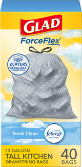 Glad ForceFlex Tall Drawstring Bags 13 Gallon – Effortless White Liners for Minimalist Pantry Storage, 110 Count