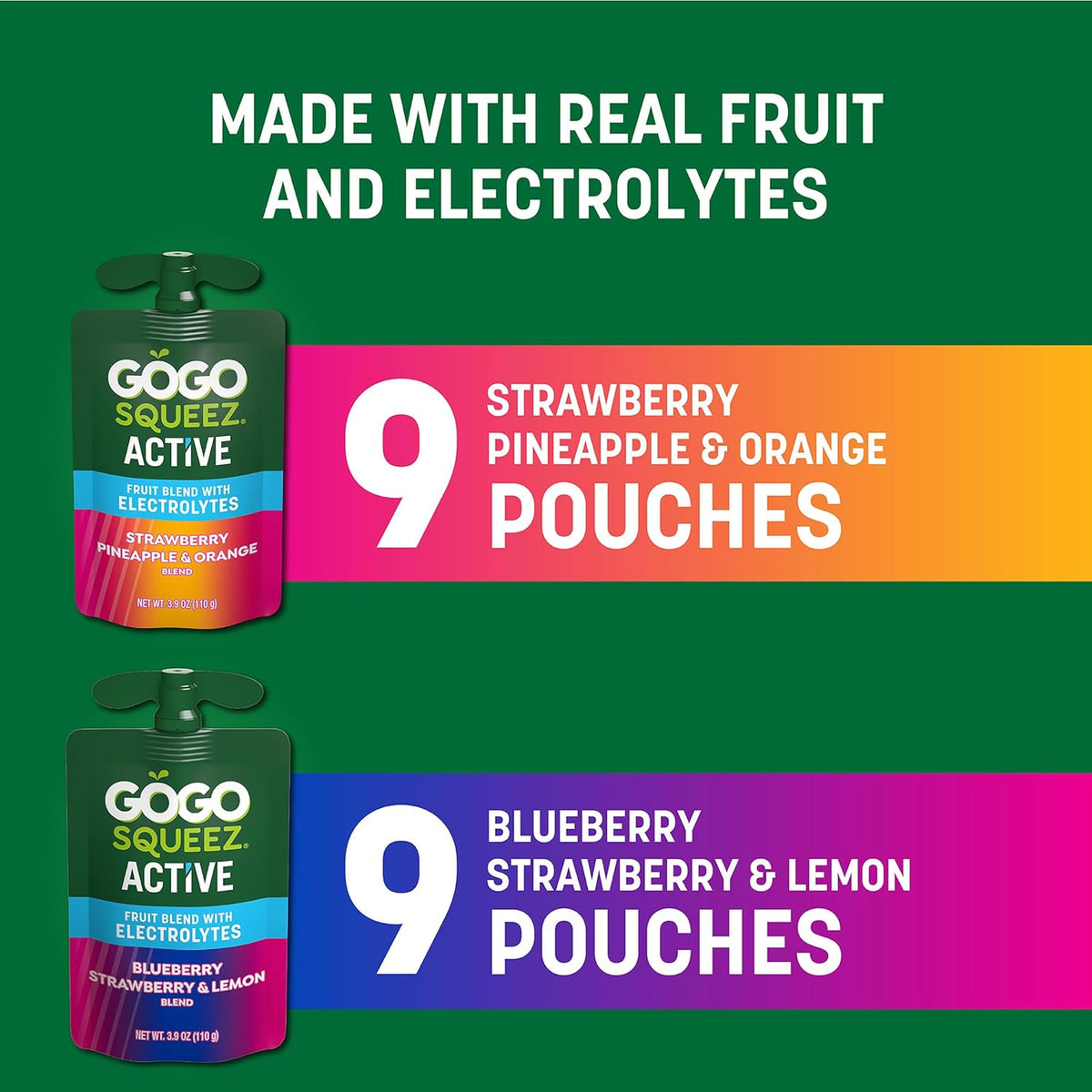 GoGo squeeZ Active Fruit Blend – Beach Day and Camping Snack Pack with Antioxidant Vitamins, Resealable Travel Pouches