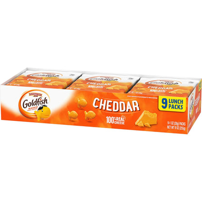 Goldfish Cheddar Cheese Crackers – Stay-Focused Fuel for the Office, Baked Real Cheese Packs, 9 Count Tray