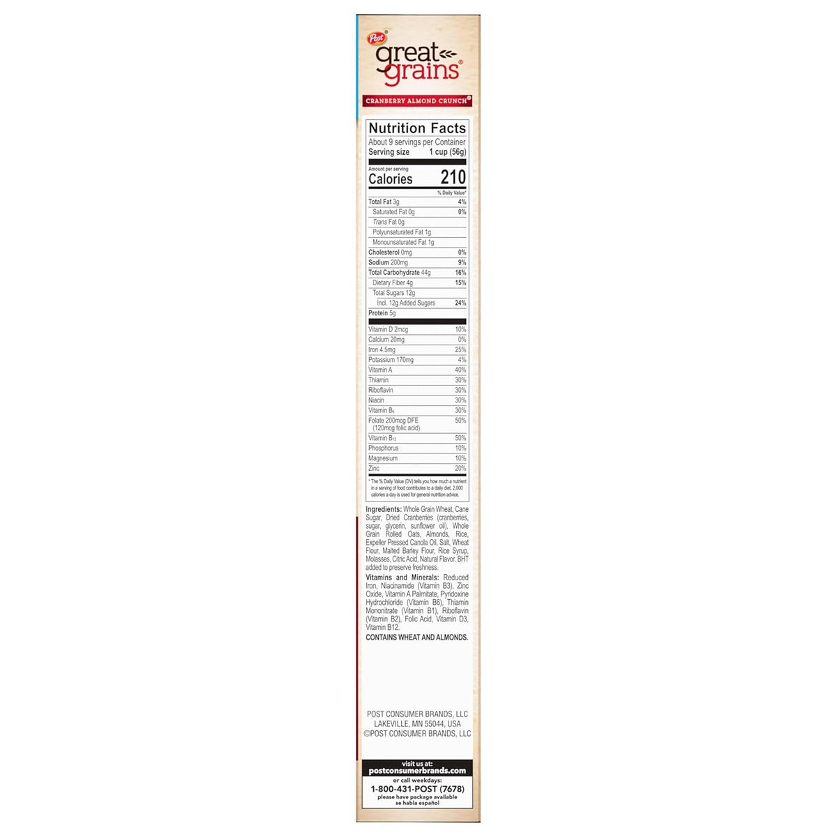 Great Grains Cranberry Almond Crunch Cereal – Non-GMO Pantry Gift for Parents, Grandparents, and Seniors, 17 oz