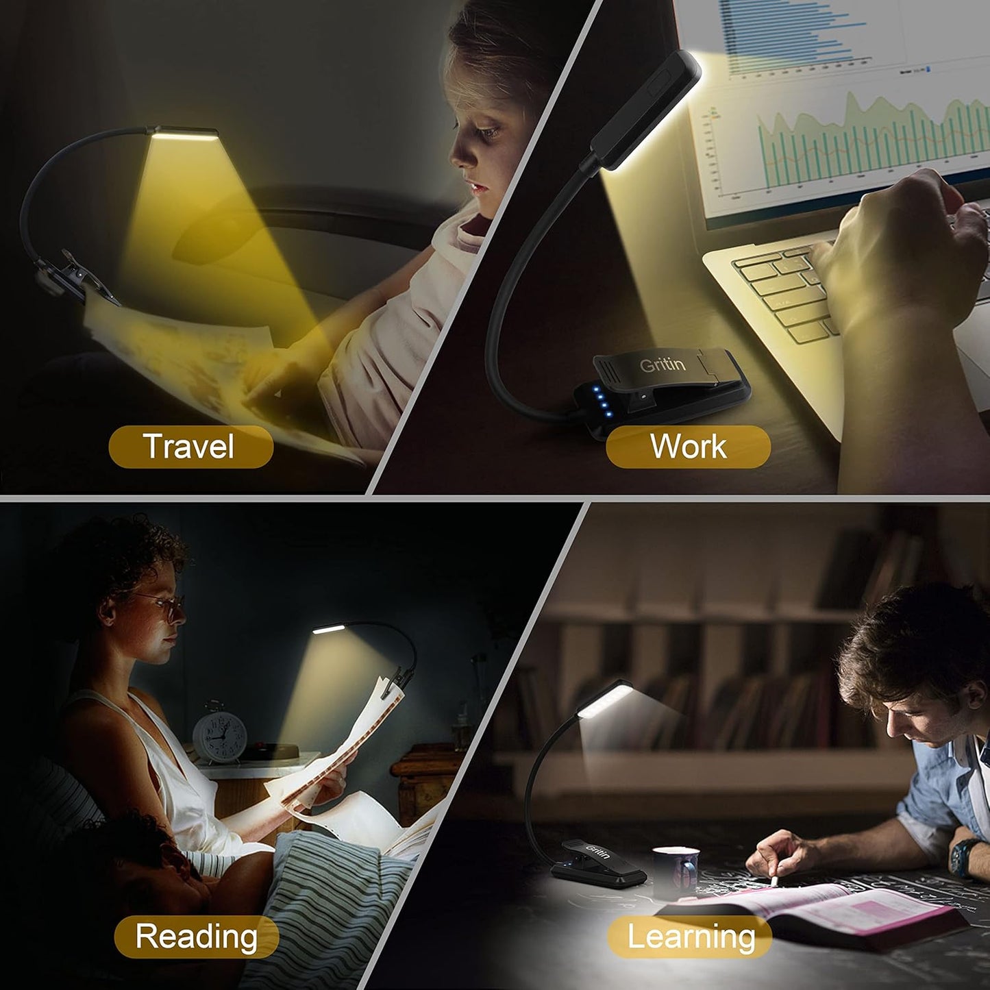 Gritin 9 LED Rechargeable Book Light for Reading in Bed - Romantic Valentines Day Gift for Her, Amber Warm Light Clip on Book Light for Late Night Reading