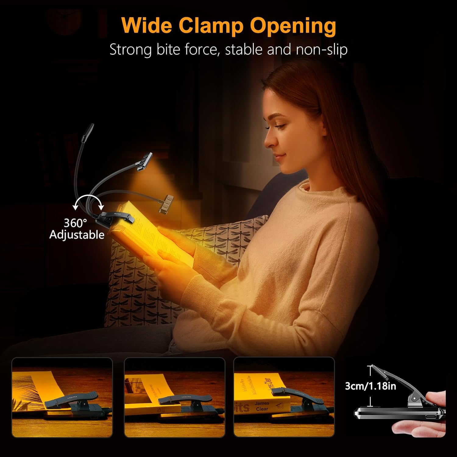 Gritin Clip on Warm Reading Lamp with Stepless Dimming – Calming Atmosphere for Bath Time Books and Self Care Evenings