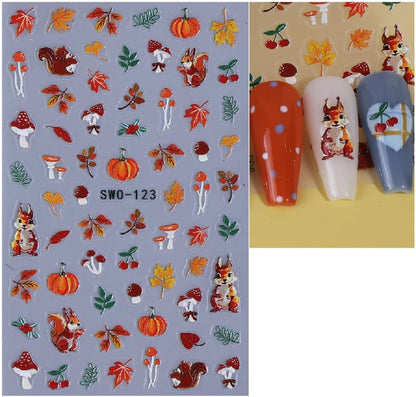 halloween and autumn themed designs: spider web, pumpkin face, fall leaves, ghost, mushroom, bat