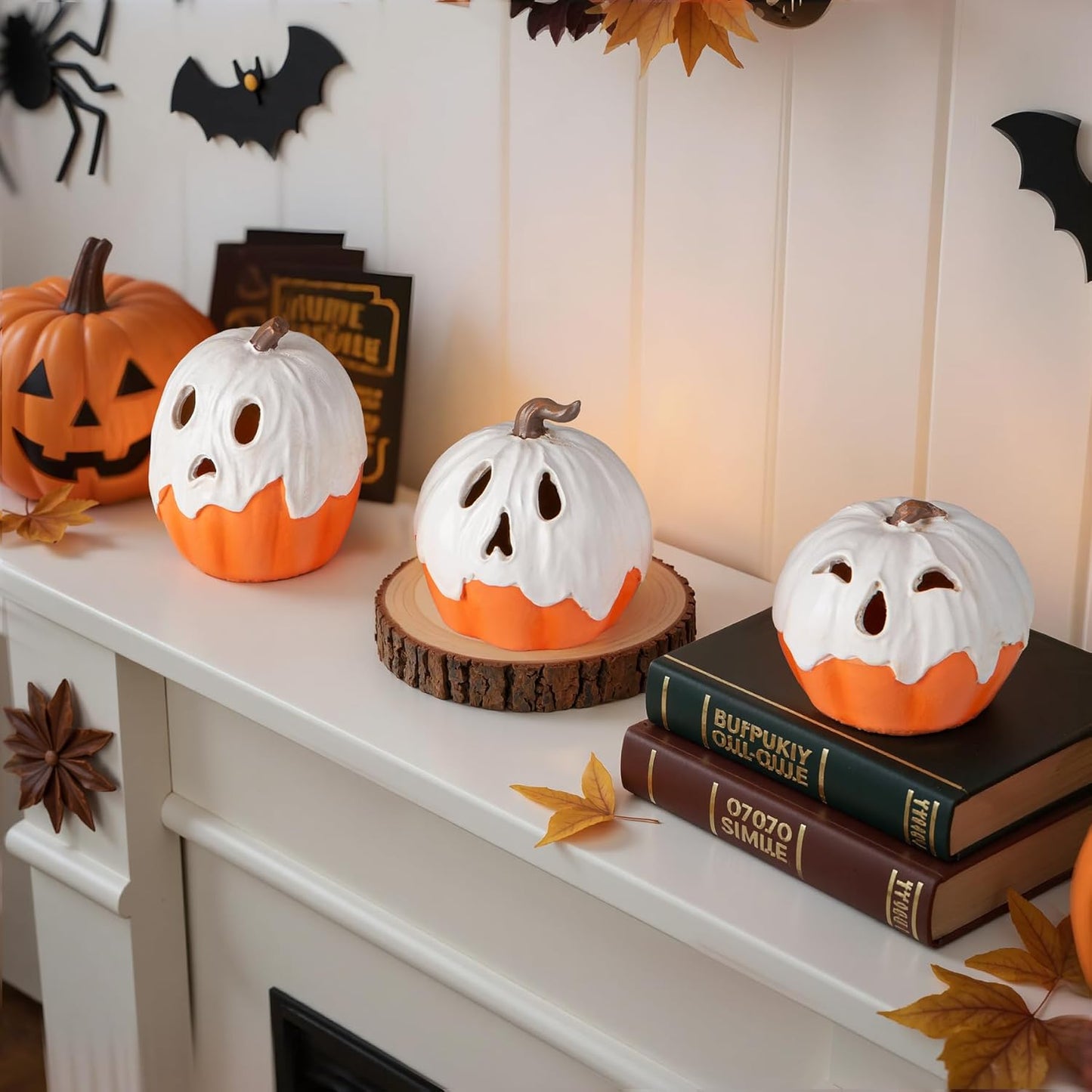 Halloween Decorations Light Up Ghost Pumpkin Set of 3 – Fire-Free Mantel Lighting That Stays Cool to the Touch