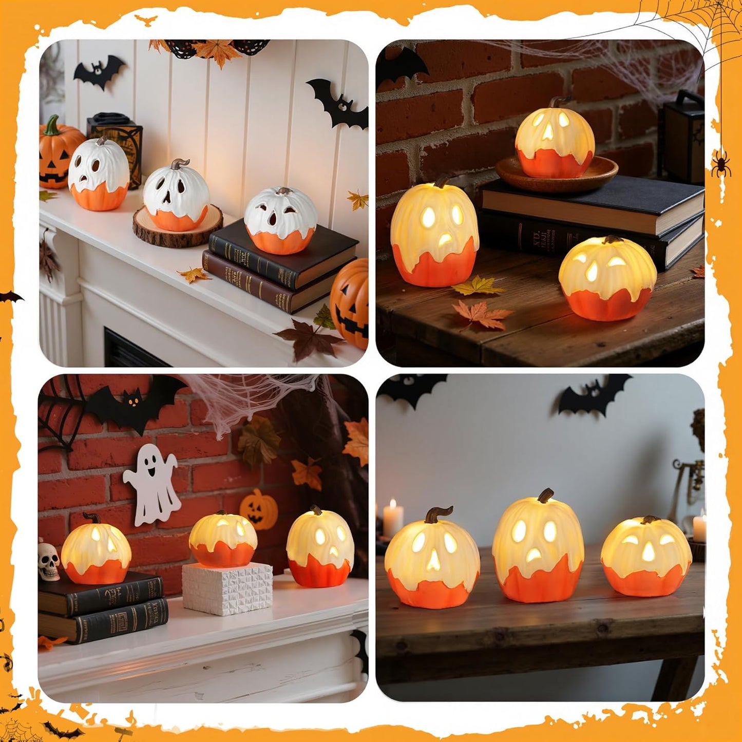 Halloween Decorations Light Up Ghost Pumpkin Set of 3 – Fire-Free Mantel Lighting That Stays Cool to the Touch