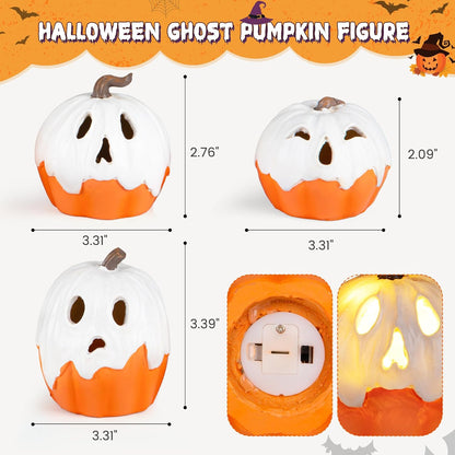 Halloween Decorations Light Up Ghost Pumpkin Set of 3 – Fire-Free Mantel Lighting That Stays Cool to the Touch