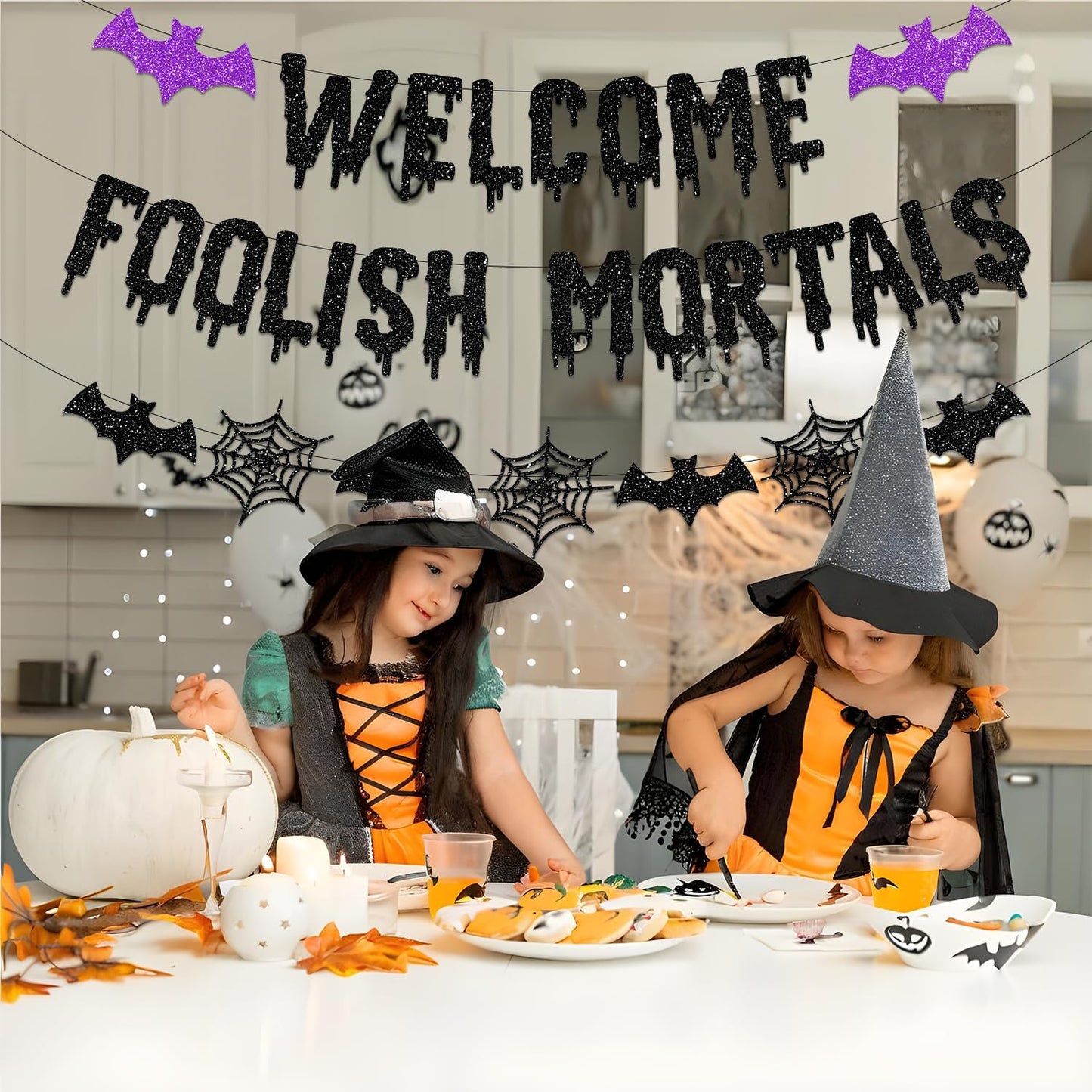 Halloween Mansion Welcome Banner Set – Outdoor Entryway and Garage Party Decoration with Bat and Spider Web Design