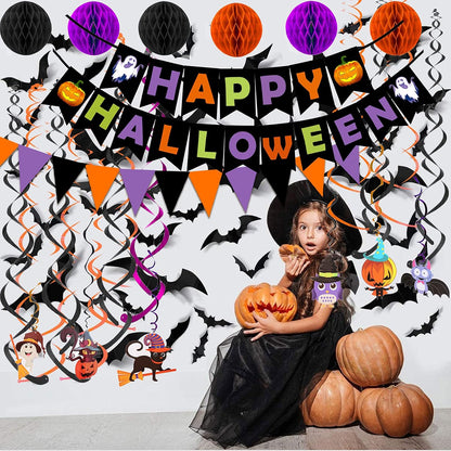 Halloween Party Decorations – Purple Orange Black Paper Honeycomb Set for Living Room Mantel and Entryway