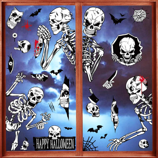 Halloween Window Clings - Vivid Bat and Skull Decals for Coffee House Windows and Restaurant Glass, Indoor-Outdoor PVC