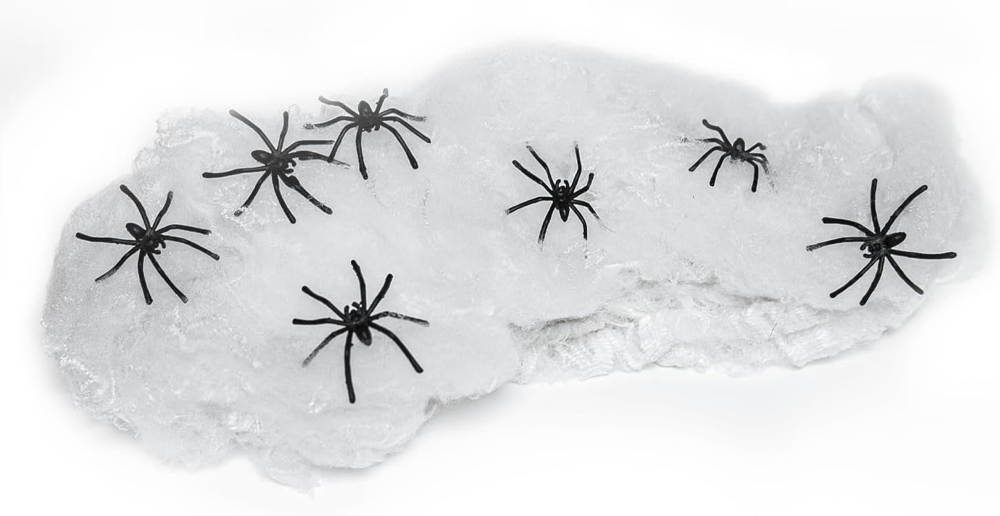 Happy Hippo Spider Web Decor – Grandparent-Friendly Front Porch Display, Non-Gory Webbing with 8 Fake Spiders for Visiting Kids