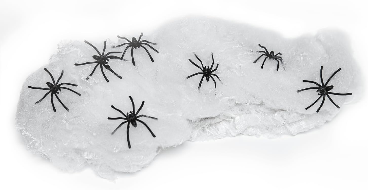 Happy Hippo Spider Web Decor – Grandparent-Friendly Front Porch Display, Non-Gory Webbing with 8 Fake Spiders for Visiting Kids
