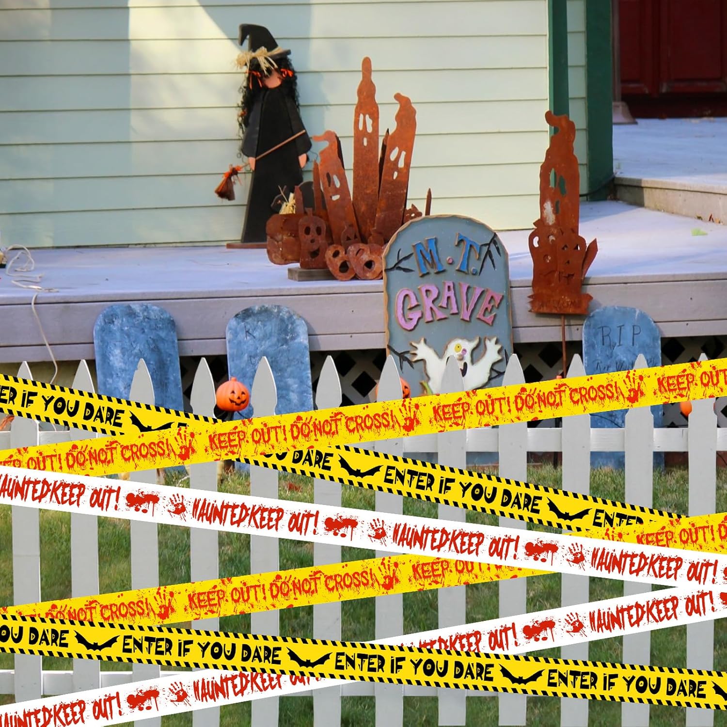HauntHouse Outdoor Halloween Tape Set – UV Resistant Caution Roll for Fence, Railing, and Stair Wrap