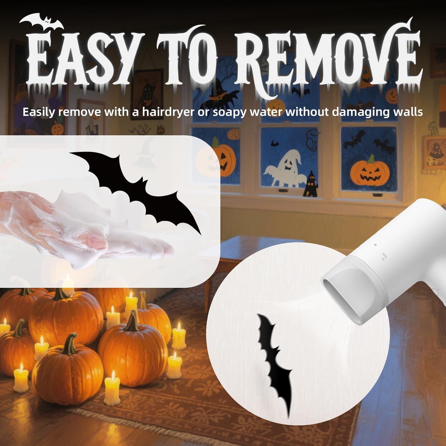 HauntNest Flying Bat Wall Art – Moody Halloween Aesthetic for Apartment and Loft Spaces, Reusable 3D PVC Decals