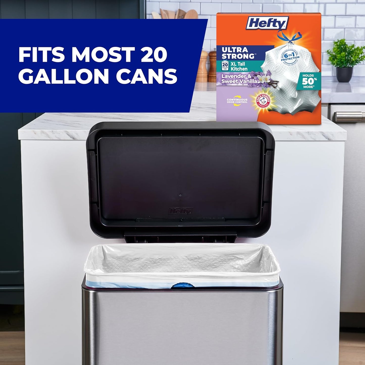 Hefty Ultra Strong 20 Gallon XL Tall Trash Bags with Break-Resistant Drawstring for Faster Meal Prep Cleanup in Open-Concept Studios