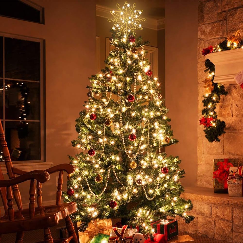hogardeck Glittered Snowflake Tree Top Decoration – Aesthetic Holiday Focal Point for Den and Family Room, Warm LED Glow