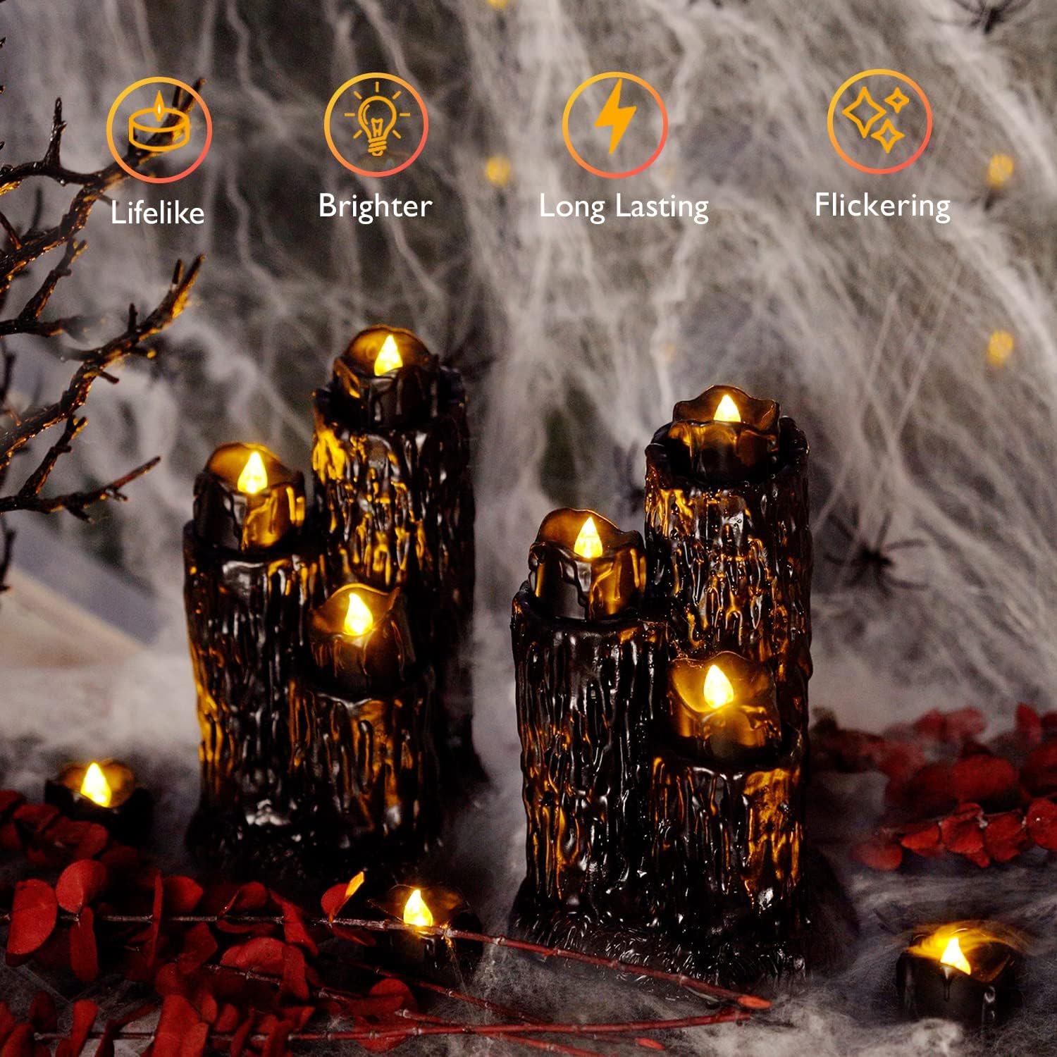 Homemory Black Drip LED Tea Light Set – Unique Halloween Gift for Haunted House Hosts, Party Planners & Moody Aesthetic Fans