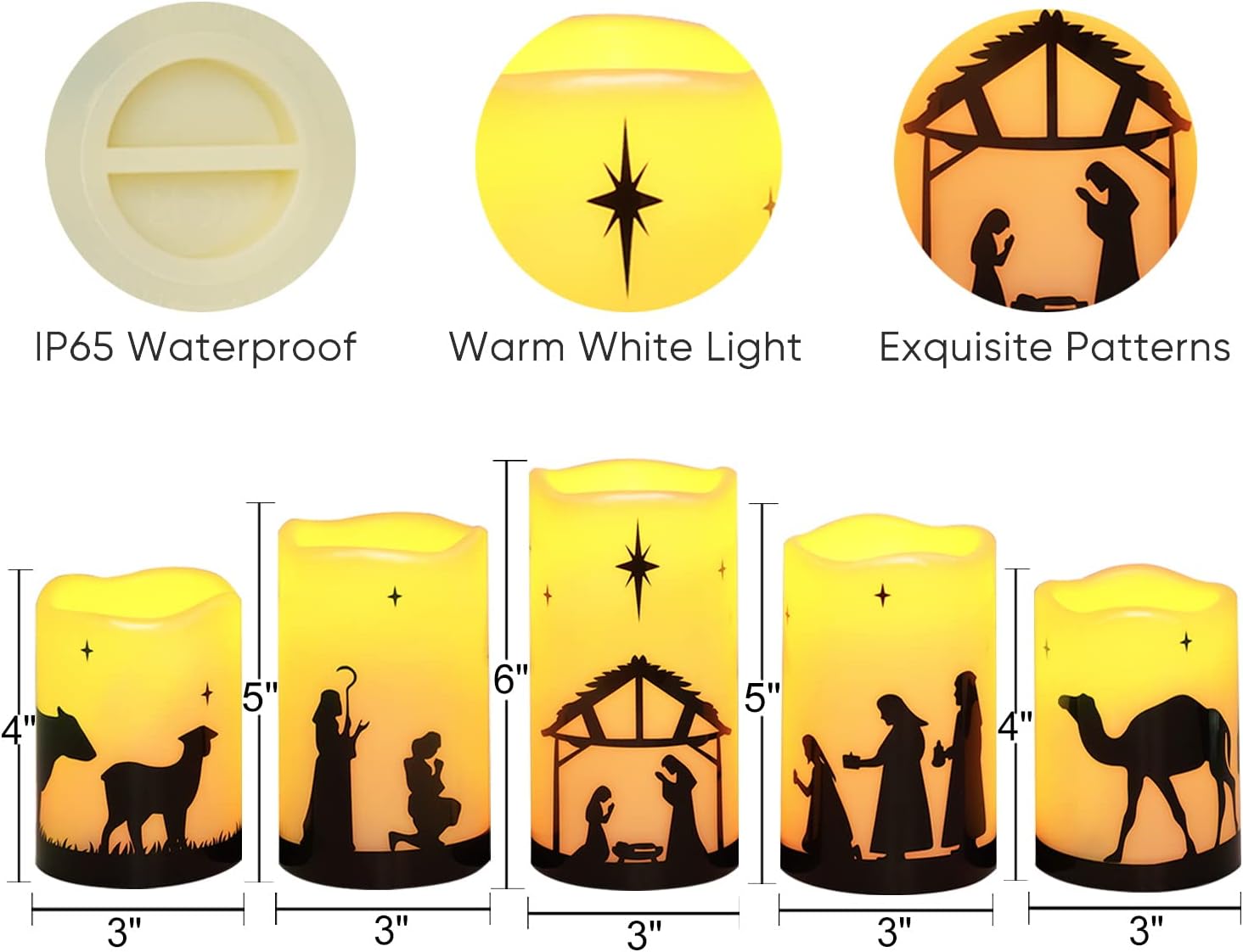 Homemory Smokeless LED Nativity Candles - Fire-Safe Alternative for Dry Greenery and Curtain-Heavy Living Rooms, 5 Pillar Pack