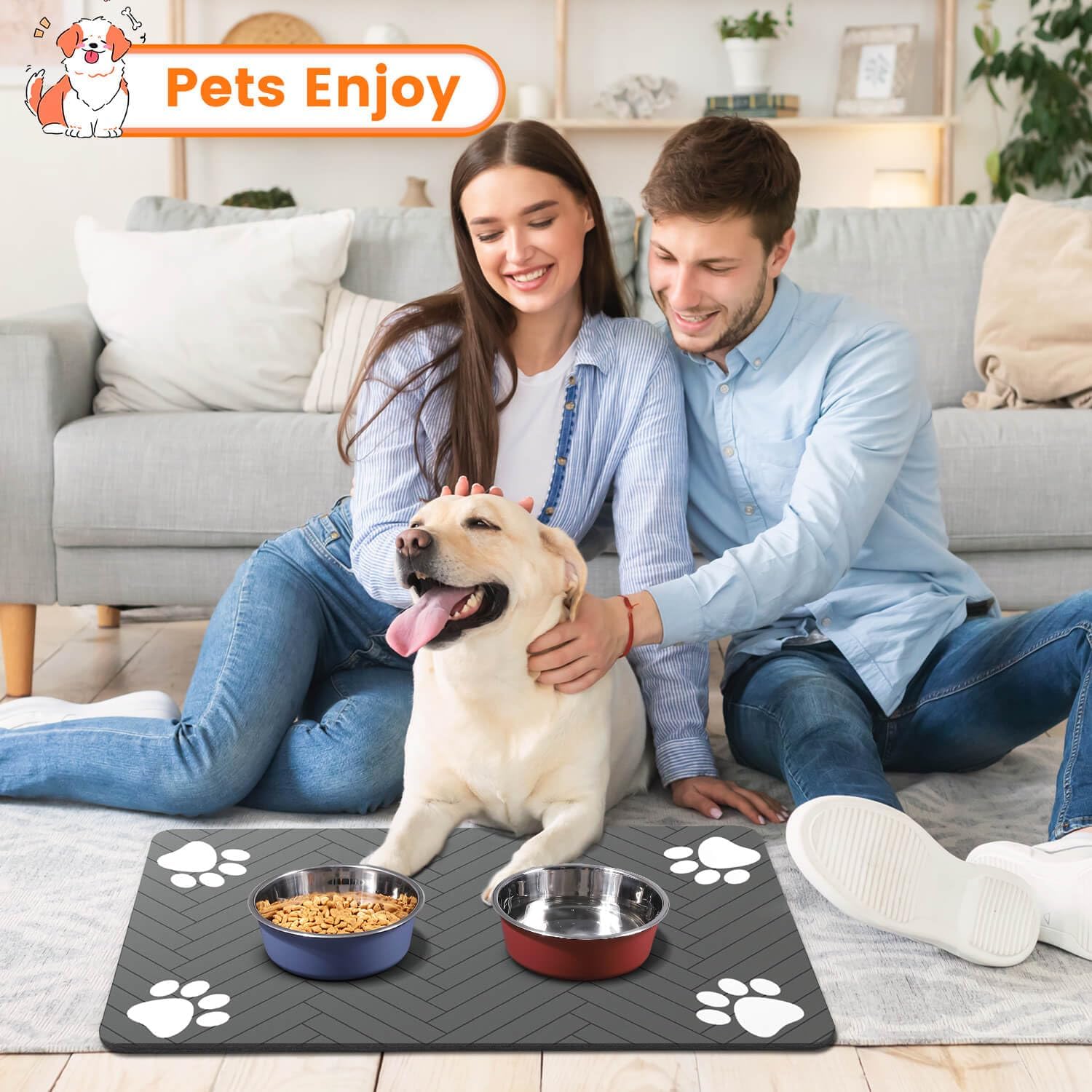 Housewarming Gift for New Pet Parents, Decorative Absorbent Pet Feeding Mat in Dark Gray