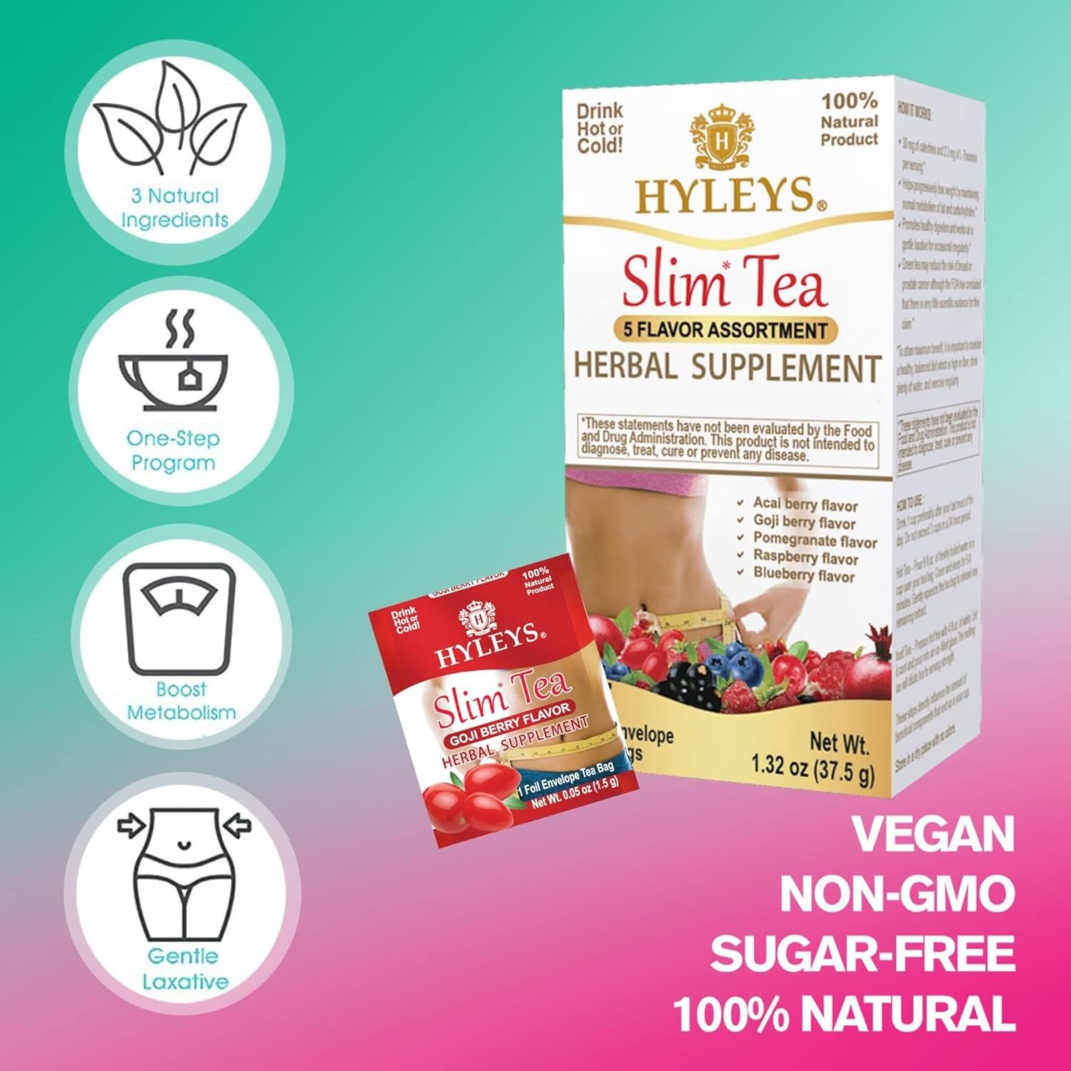 Hyleys Slim Tea 5 Flavor Assortment – Caffeine-Conscious Green Tea Blend Free of Harsh Stimulants for Sensitive Stomachs