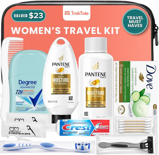 included name-brand travel size shampoo, conditioner, bar soap, toothpaste, and deodorant