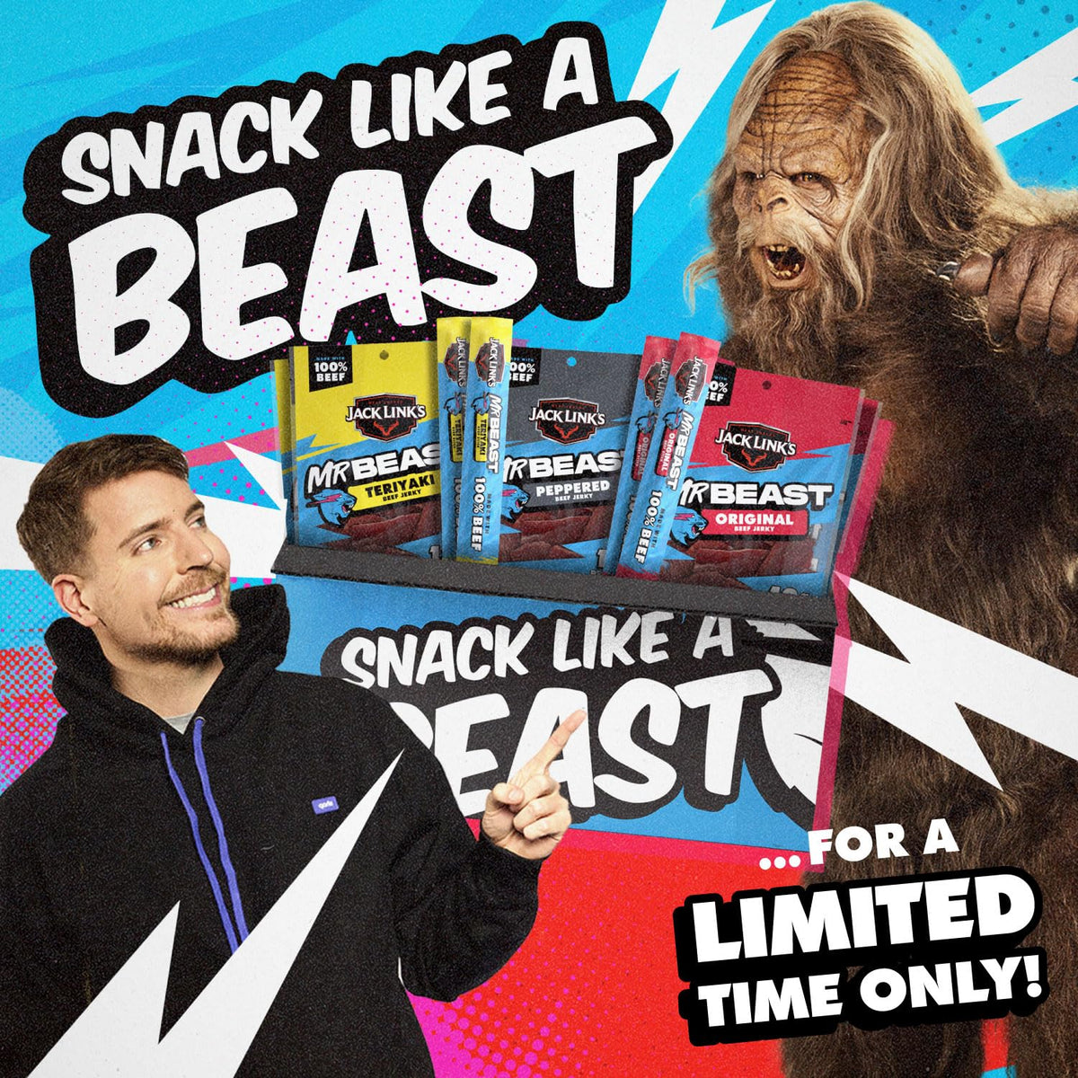 Jack Link's x MrBeast Beef Jerky Variety Box – Pre-Workout and Midday Office Fuel, Grab-and-Go Beef Sticks and Jerky