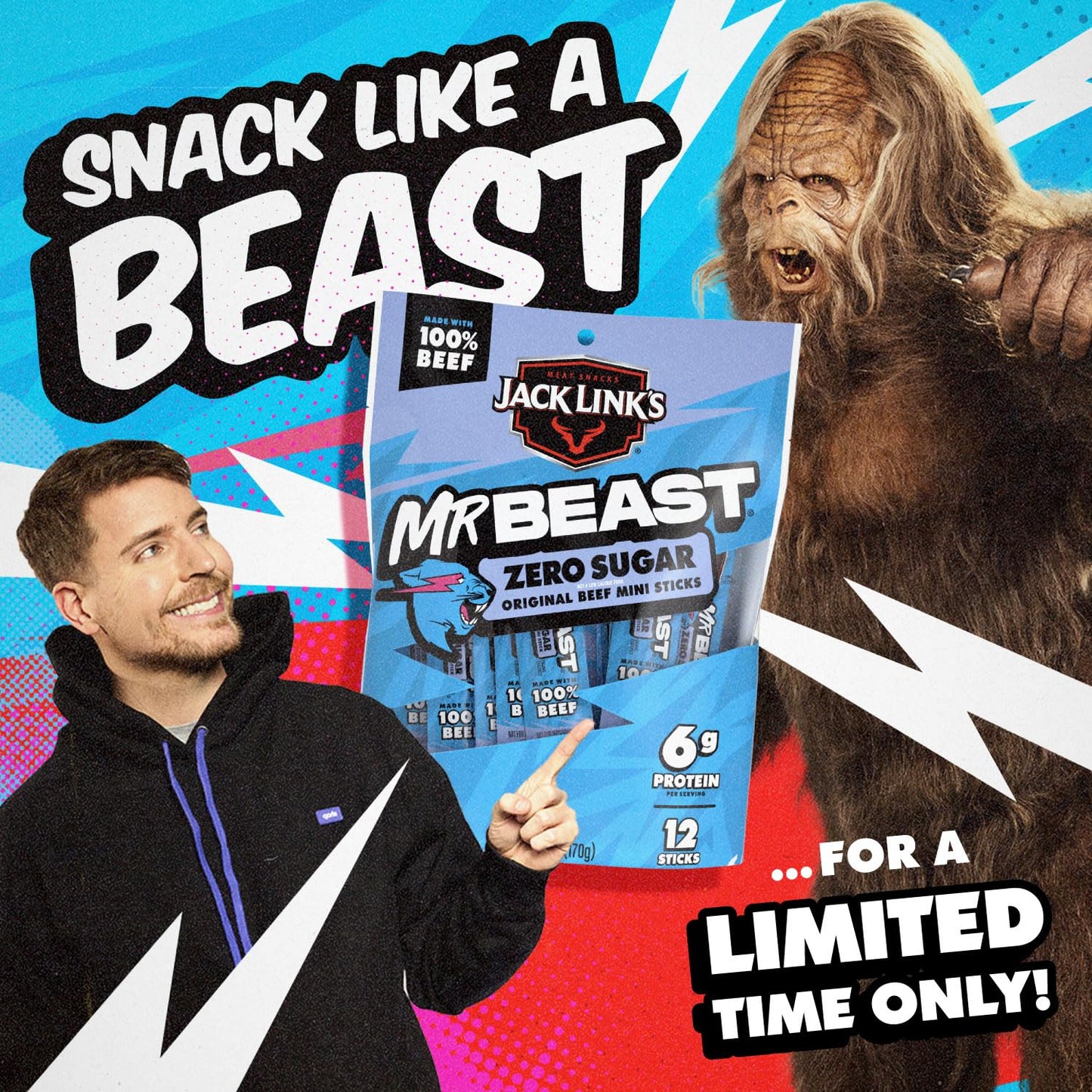 Jack Link's x MrBeast Zero Sugar Mini Beef Sticks – Guilt-Free Pantry Swap for Chips and Candy, 12 Mini Sticks