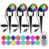 LumenGlow 120V Plug in Outdoor Spot Lights for Open Air Entertaining, 12W Color Changing LED Landscape Lighting 4 Pack IP65 Weatherproof Remote Included