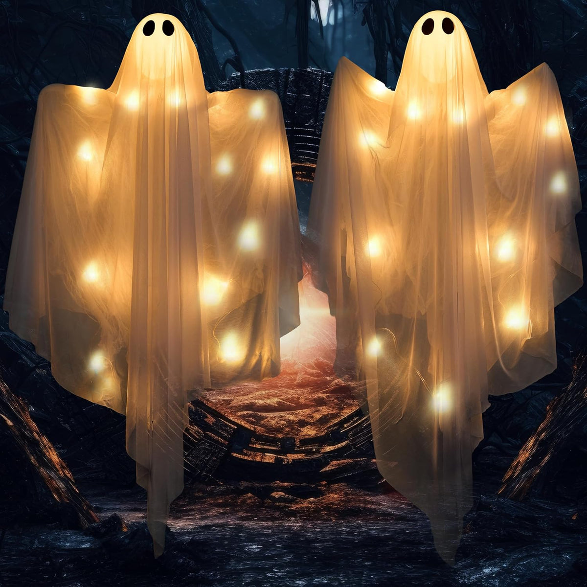 JOYIN Flying Ghost Decor – Portable Battery-Powered Halloween Prop for Driveway, Fence Line, and Outdoor Party, Warm LED with Timer