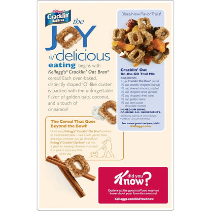Kellogg's Cracklin' Oat Bran Breakfast Cereal, Fiber Cereal, Family Cereal, Original (3 Boxes) – Oven-Baked Whole Grain Cereal for Self-Care Mornings