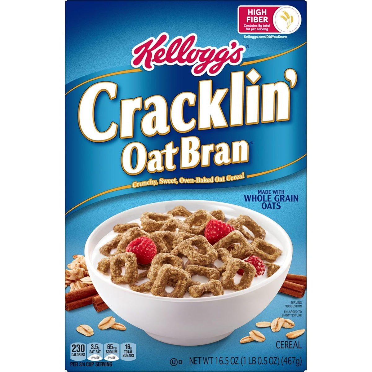Kellogg's Cracklin' Oat Bran Breakfast Cereal, Fiber Cereal, Family Cereal, Original (3 Boxes) – Oven-Baked Whole Grain Cereal for Self-Care Mornings