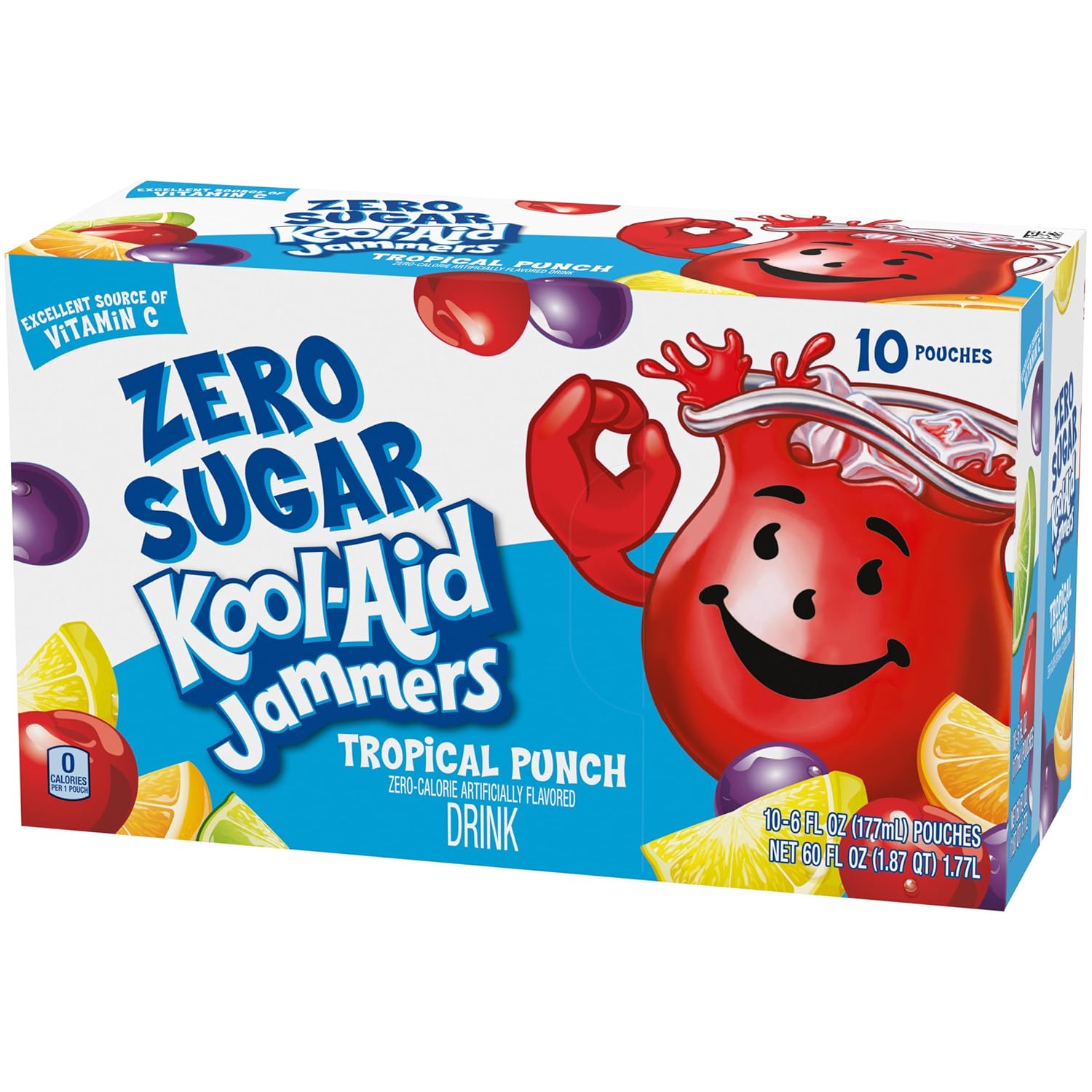 Kool-Aid Jammers Zero Sugar Tropical Punch Drink Pouches, 6 fl oz Box of 10, Lunch Box Hydration for Kids